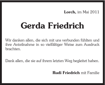 Traueranzeige von Gerda Friedrich von Gmünder Tagespost