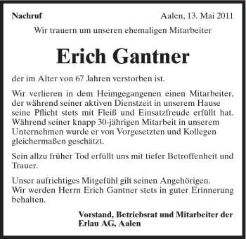Traueranzeige von Erich Gantner von Schwäbische Post