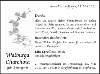 Traueranzeige von Walburga Charchota von Schwäbische Post