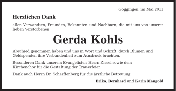 Traueranzeige von Gerda Kohls von Gmünder Tagespost