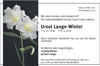 Traueranzeige von Ursel Lange-Winter von Schwäbische Post