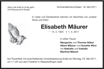 Traueranzeige von Elisabeth Mäurer von Schwäbische Post