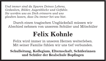 Traueranzeige von Felix Kohnle von Schwäbische Post