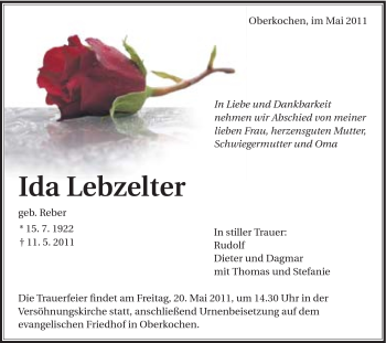 Traueranzeige von Ida Lebzelter von Schwäbische Post