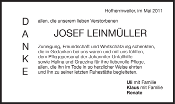 Traueranzeige von Josef Leinmüller von Schwäbische Post