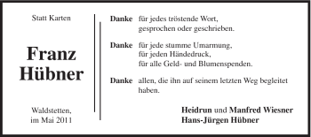 Traueranzeige von Franz Hübner von Gmünder Tagespost