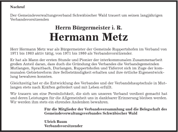 Traueranzeige von Hermann Metz von Gmünder Tagespost