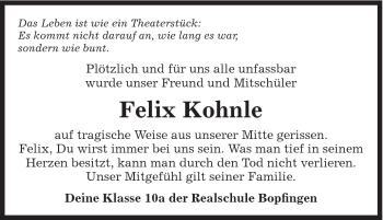 Traueranzeige von Felix Kohnle von Schwäbische Post