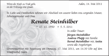 Traueranzeige von Renate Steinhilber von Schwäbische Post