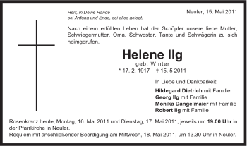 Traueranzeige von Helene Ilg von Schwäbische Post