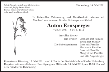 Traueranzeige von Anton Ernsperger von Schwäbische Post