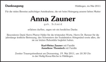 Traueranzeige von Anna Zauner von Schwäbische Post