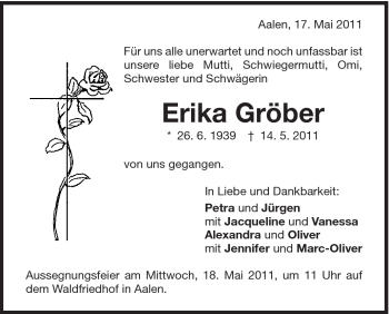 Traueranzeige von Erika Gröber von Schwäbische Post