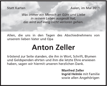 Traueranzeige von Anton Zeller von Schwäbische Post