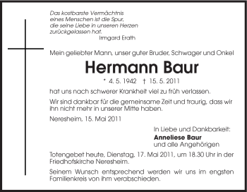 Traueranzeige von Hermann Baur von Schwäbische Post