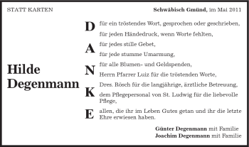 Traueranzeige von Hilde Degenmann von Gmünder Tagespost