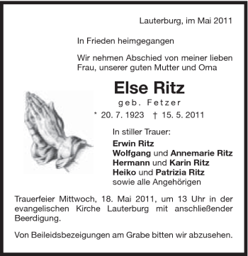 Traueranzeige von Else Ritz von Schwäbische Post
