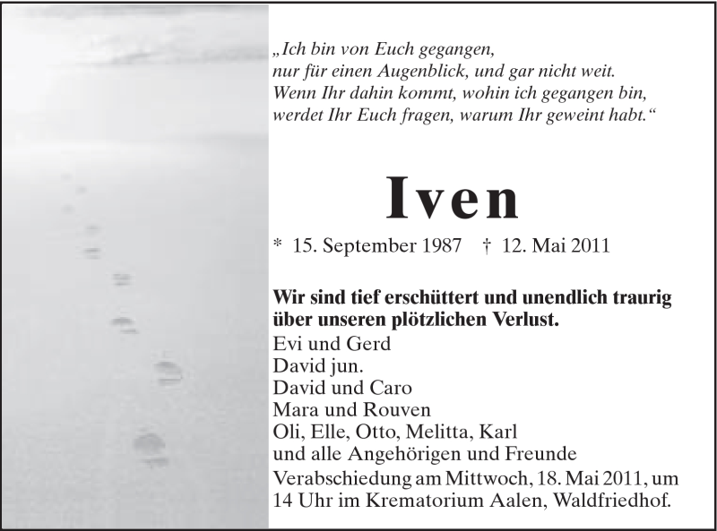  Traueranzeige für Iven Stahl vom 17.05.2011 aus Schwäbische Post