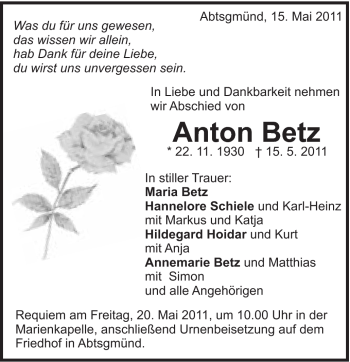 Traueranzeige von Anton Betz von Schwäbische Post