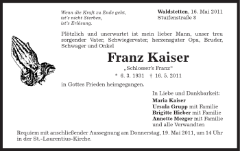 Traueranzeige von Franz Kaiser von Gmünder Tagespost