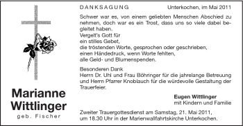 Traueranzeige von Marianne Wittlinger von Schwäbische Post