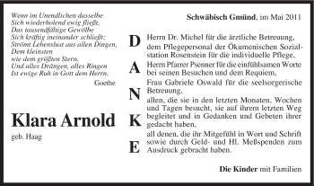 Traueranzeige von Klara Arnold von Gmünder Tagespost