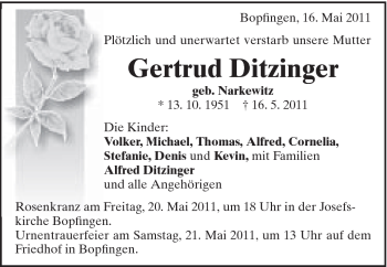 Traueranzeige von Gertrud Ditzinger von Schwäbische Post