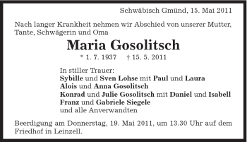 Traueranzeige von Maria Gosolitsch von Gmünder Tagespost