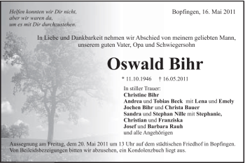 Traueranzeige von Oswald Bihr von Schwäbische Post