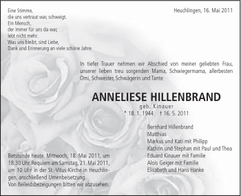 Traueranzeige von Anneliese Hillenbrand von Gmünder Tagespost