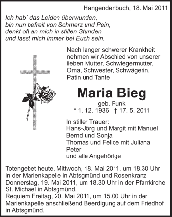 Traueranzeige von Maria Bieg von Schwäbische Post