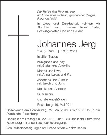 Traueranzeige von Johannes Jerg von Schwäbische Post