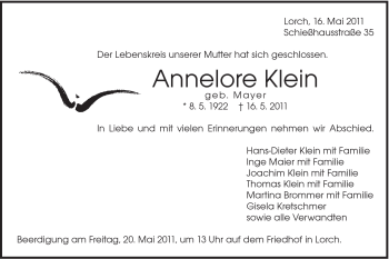 Traueranzeige von Annelore Klein von Gmünder Tagespost