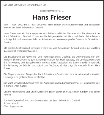 Traueranzeige von Hans Frieser von Gmünder Tagespost
