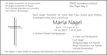 Traueranzeige von Maria Nagel von Gmünder Tagespost