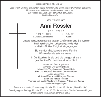 Traueranzeige von Anni Rössler von Schwäbische Post