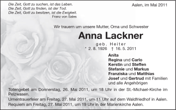 Traueranzeige von Anna Lackner von Schwäbische Post