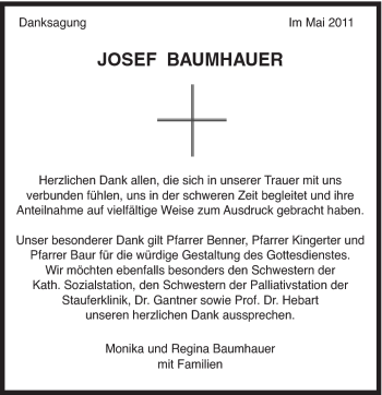 Traueranzeige von Josef Baumhauer von Gmünder Tagespost