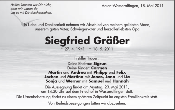 Traueranzeige von Siegfried Gräßer von Schwäbische Post