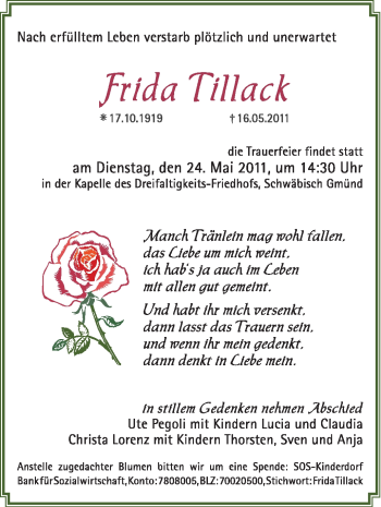 Traueranzeige von Frida Tillack von Gmünder Tagespost