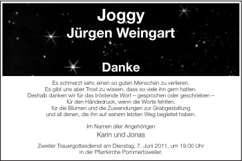 Traueranzeige von Jürgen (Joggy) Weingart von Schwäbische Post