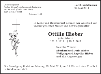 Traueranzeige von Ottilie Hieber von Gmünder Tagespost