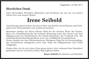 Traueranzeige von Irene Seibold von Gmünder Tagespost