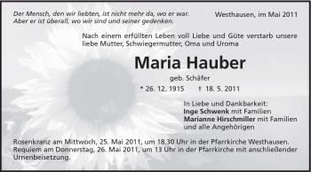 Traueranzeige von Maria Hauber von Schwäbische Post