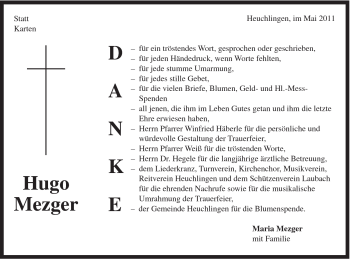 Traueranzeige von Hugo Mezger von 020