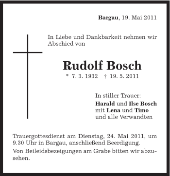 Traueranzeige von Rudolf Bosch von Gmünder Tagespost