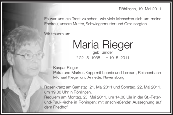 Traueranzeige von Maria Rieger von Schwäbische Post