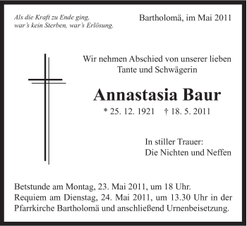 Traueranzeige von Annatasia Baur von Gmünder Tagespost