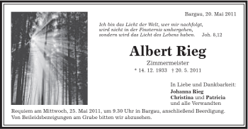 Traueranzeige von Albert Rieg von Gmünder Tagespost