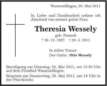 Traueranzeige von Theresia Wessely von Schwäbische Post